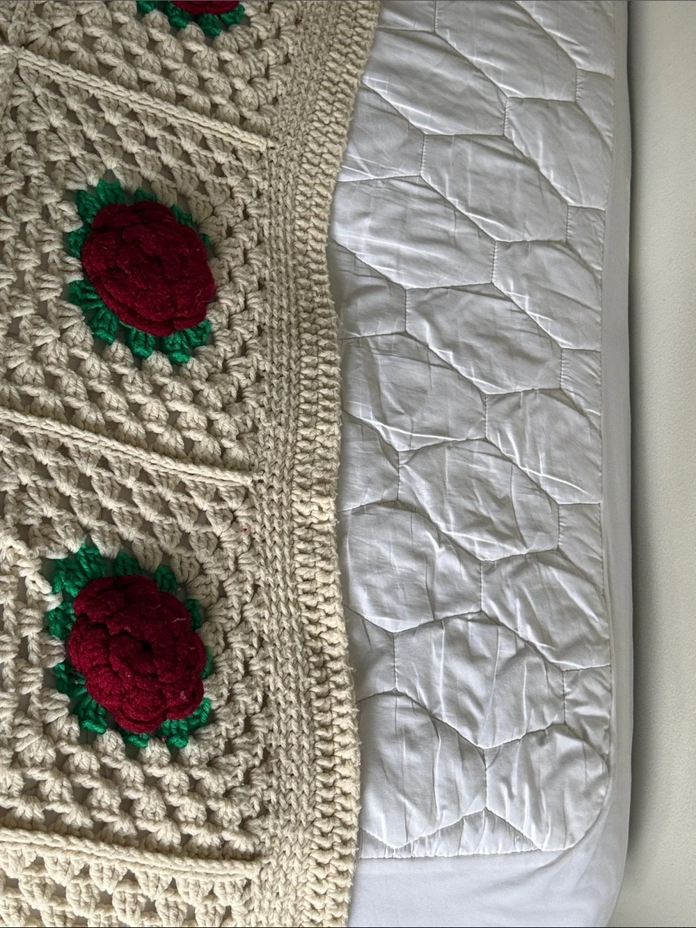 Handmade Cream Crochet Rose Blanket